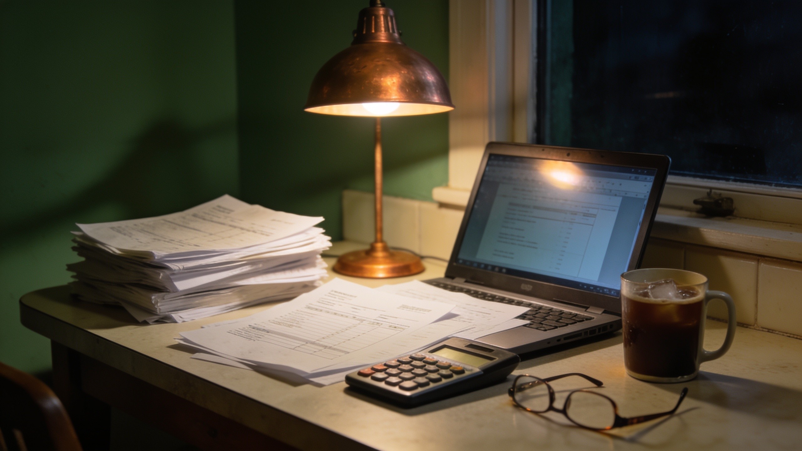 A kitchen table at night with a stack of paper invoices beside a glowing laptop.