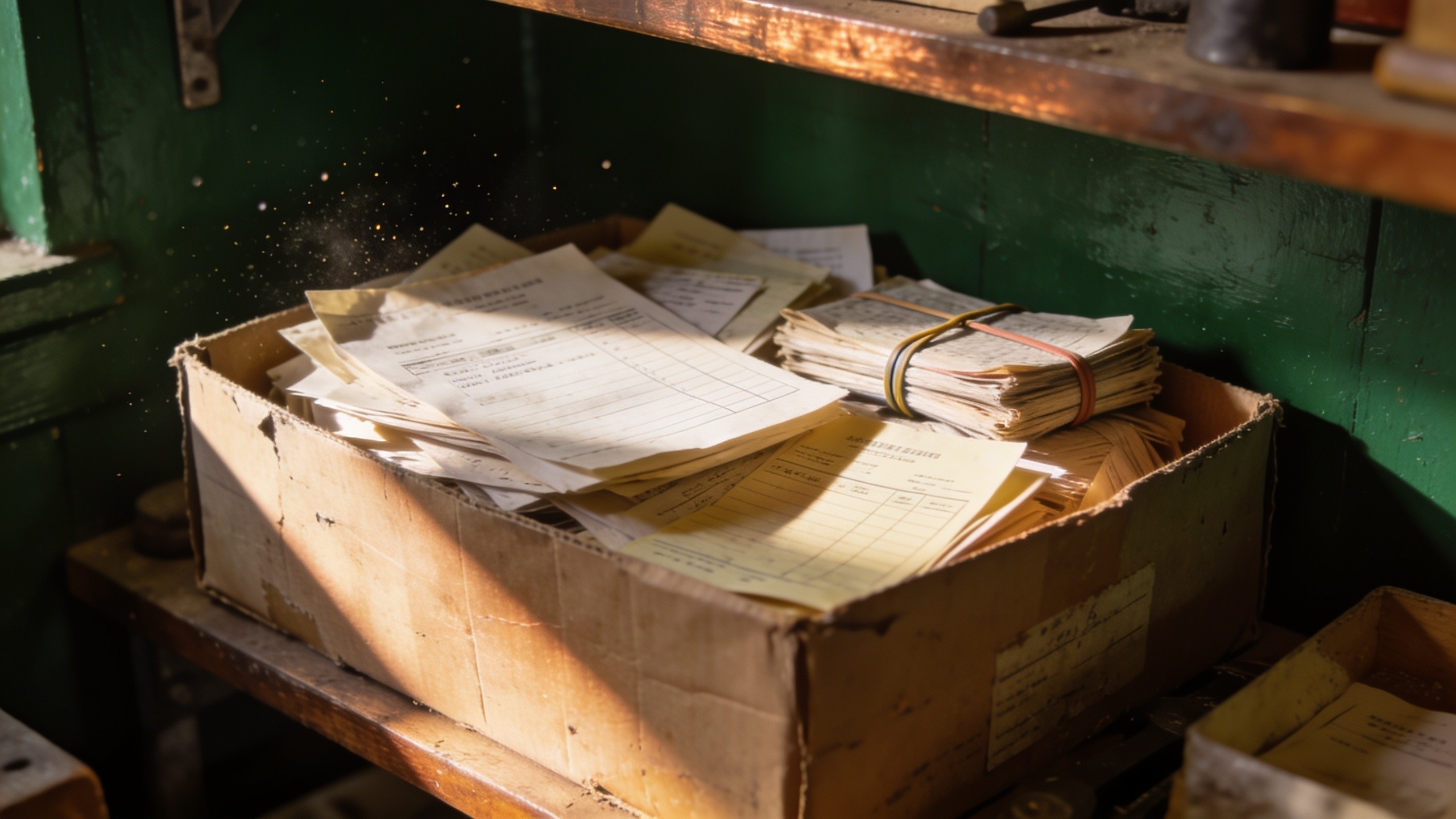 A weathered box of old paper invoices on a workshop shelf in morning light.