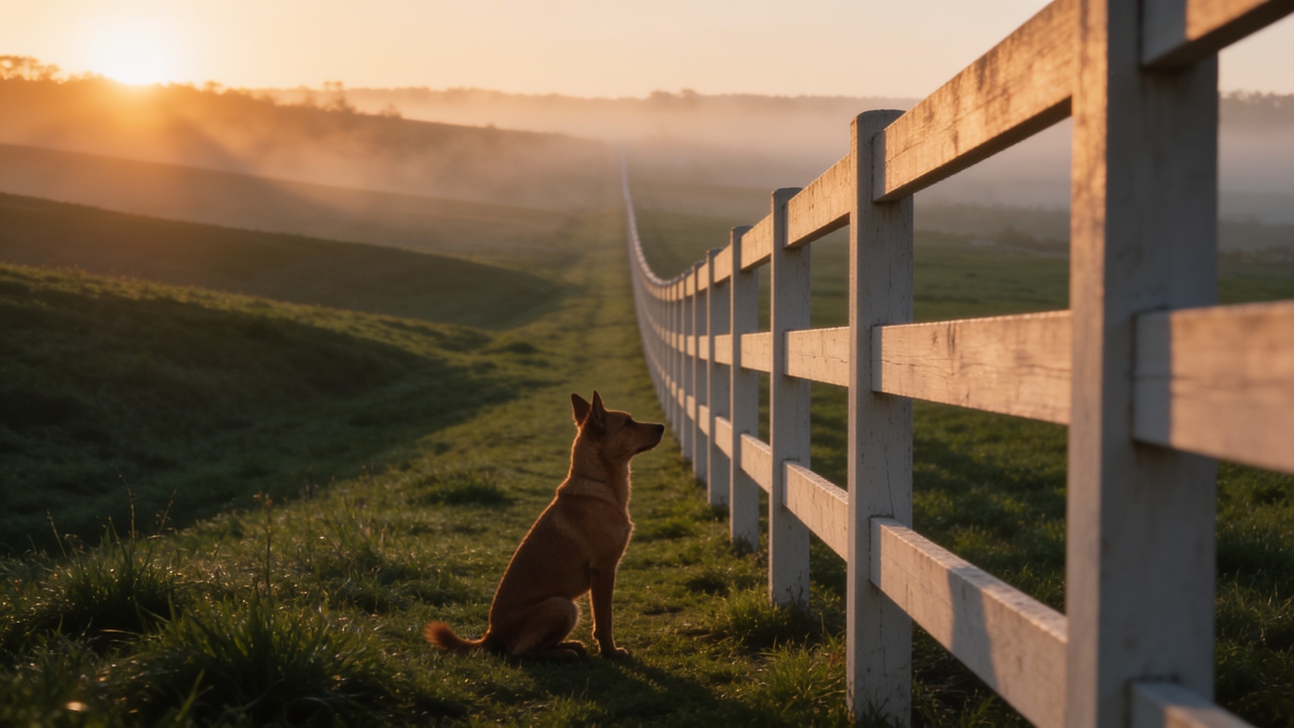 A dog sitting at attention beside a long white fence line in a misty green field.