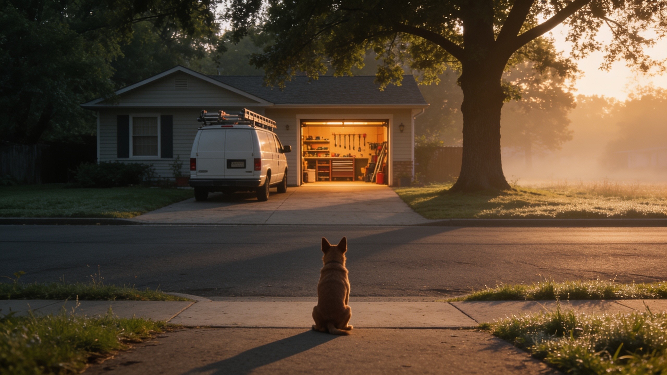 A work van in a home driveway at dawn with a dog sitting at the curb.