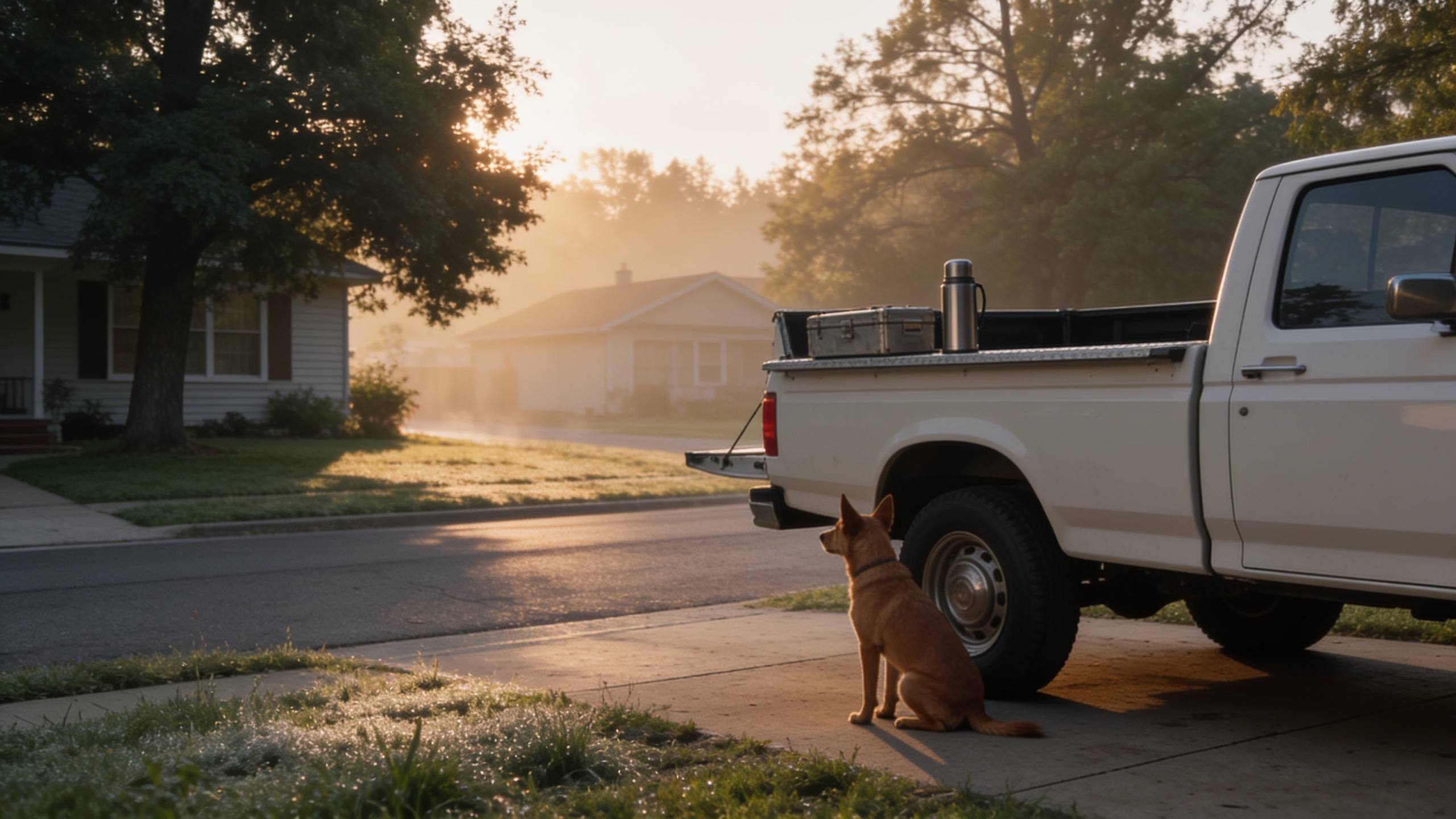 An open pickup tailgate with a toolbox, a dog sitting beside the rear wheel.