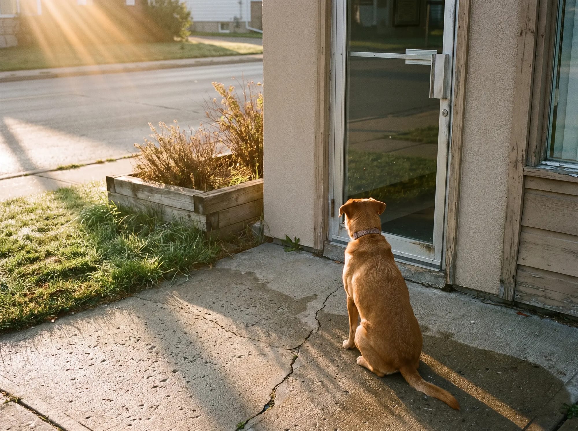 A dog sitting outside a small clinic door in low morning light.