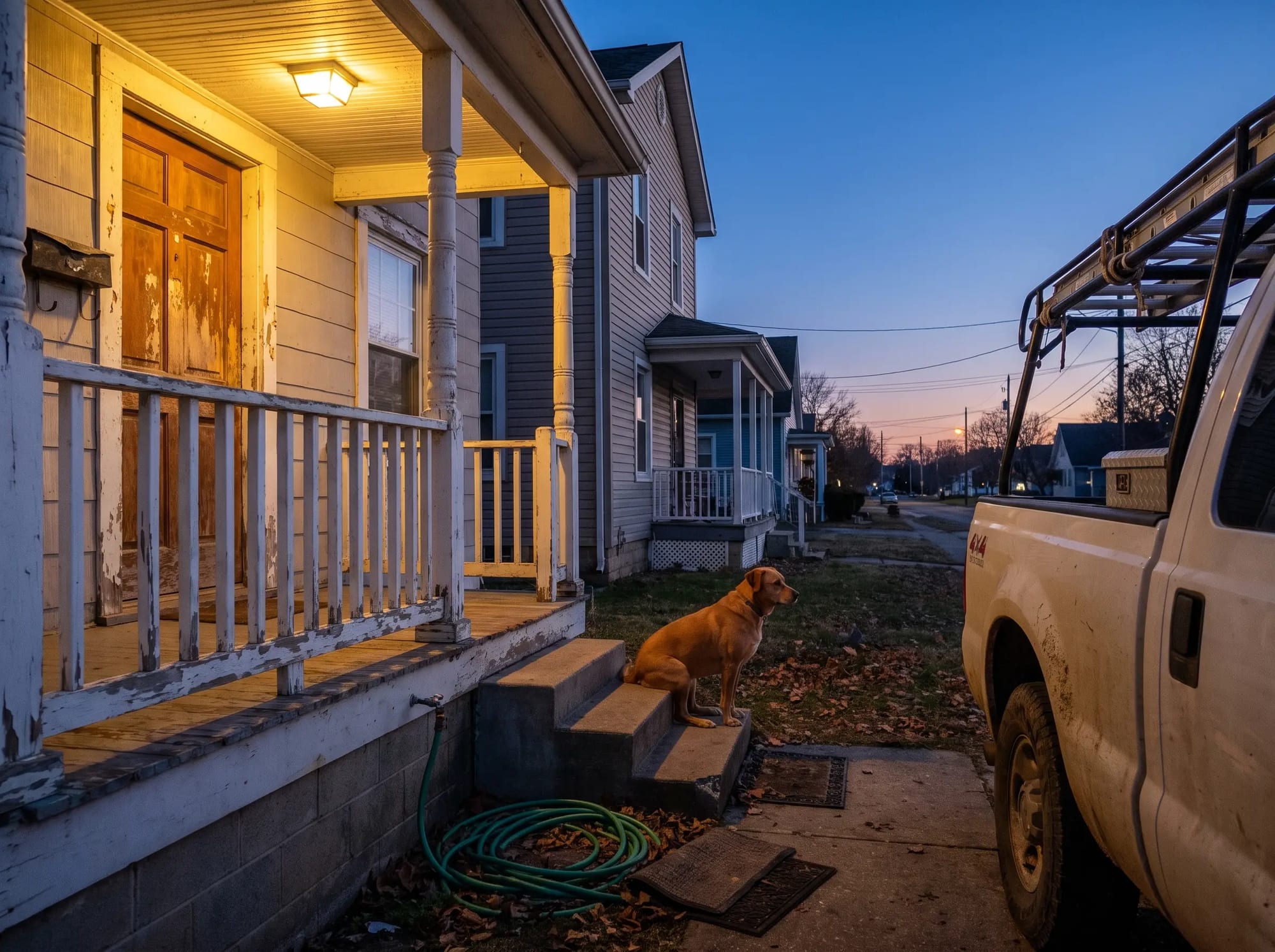 A lit porch at dusk with a work truck at the curb and a dog on the steps.