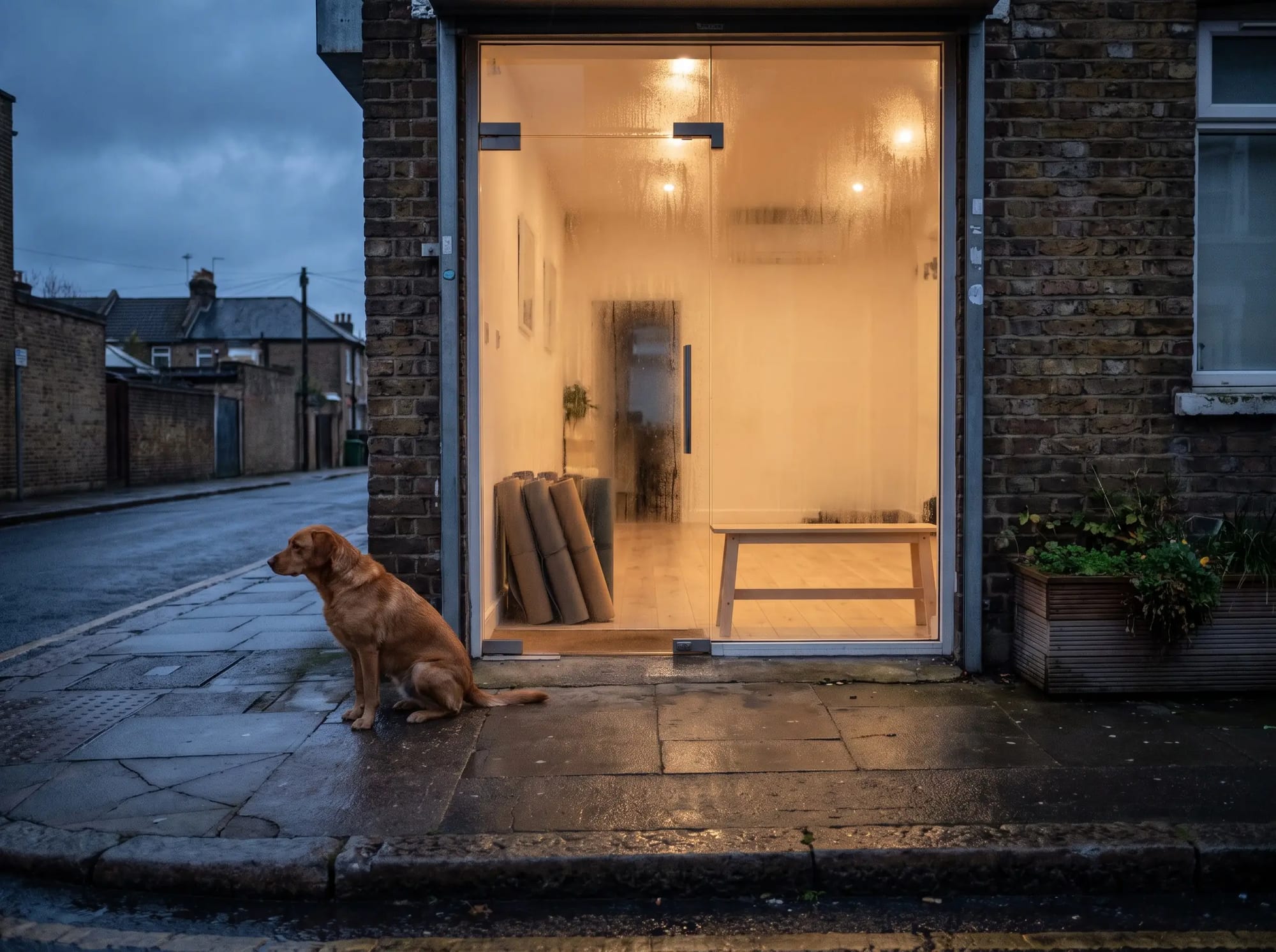 A lit studio storefront at dawn with rolled mats inside and a dog sitting on the wet sidewalk.