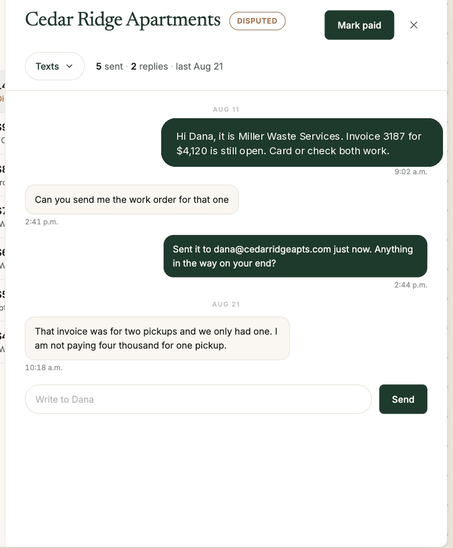 A dispute on an invoice thread in the MoneyHound dashboard: the customer says the invoice covered two pickups and only one happened.